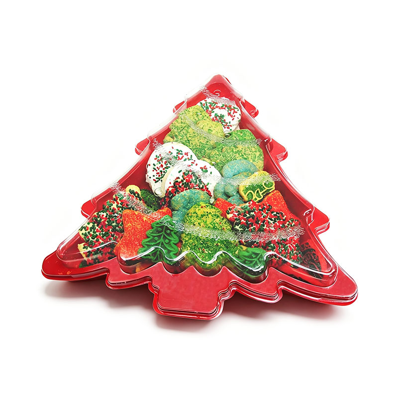Green Christmas Tree Shaped Single-Compartment Plastic Party Tray with Clear Lid