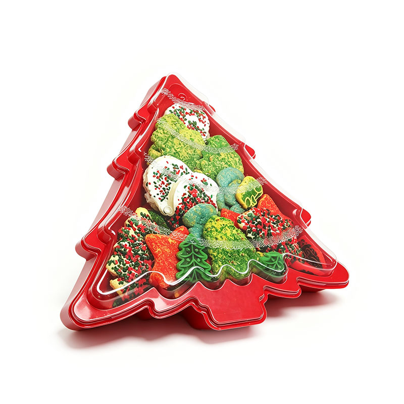 Green Christmas Tree Shaped Single-Compartment Plastic Party Tray with Clear Lid