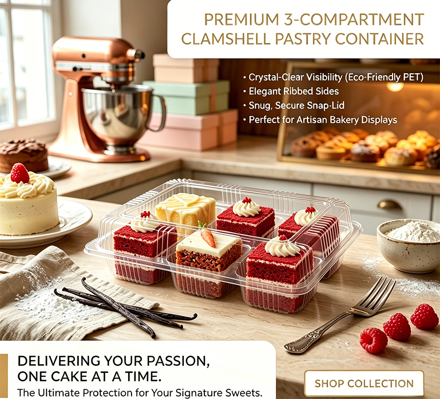 Custom 3 Grid Cake Clamshell Containers